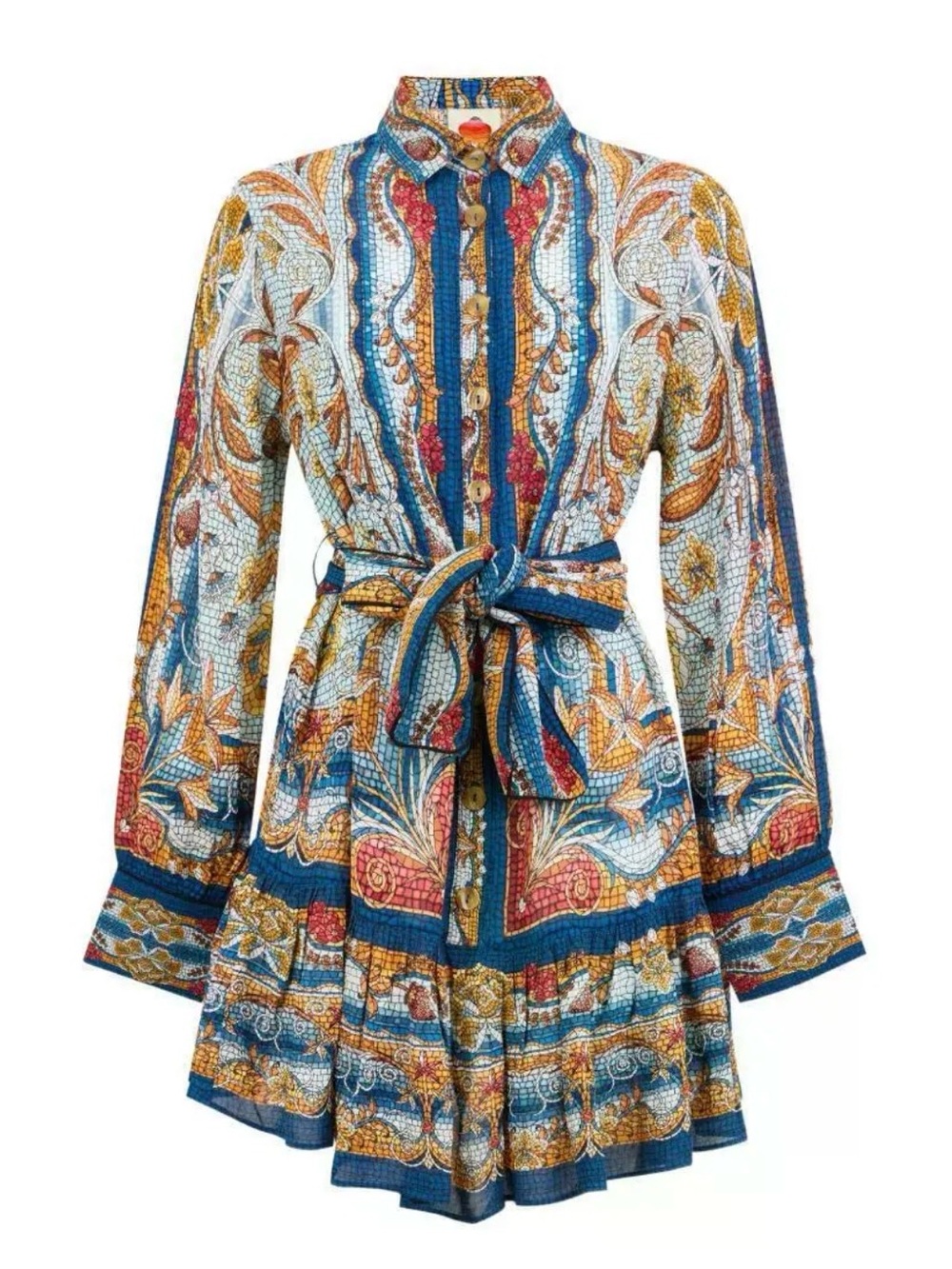 Farm Rio Mosaic Garden Mini Dress Belted Button Front Floral Boho Small - Picture 2 of 16